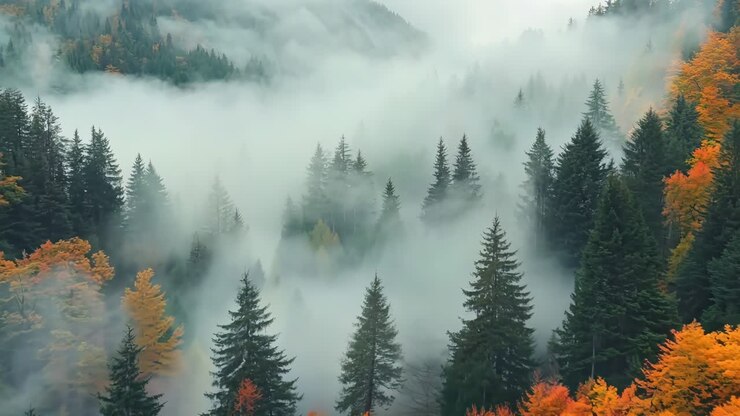 Une forêt brumeuse remplie de nombreux arbres couverts de brouillard
