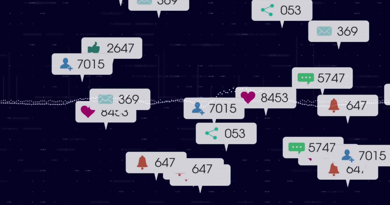 Data bubbles sliding from left, clustering along waveform and updating social media metrics