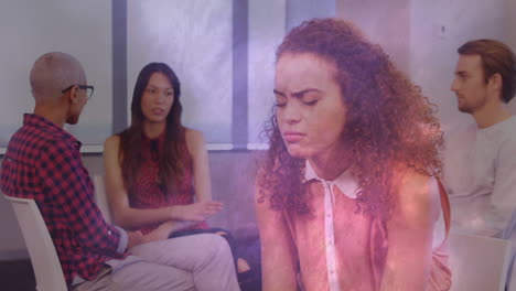 video compuesto de tormenta eléctrica en el cielo oscuro contra una mujer afroamericana estresada en la oficina