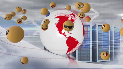 múltiples emojis de cara flotando sobre el globo giratorio y servidores de computadora contra nubes en el cielo