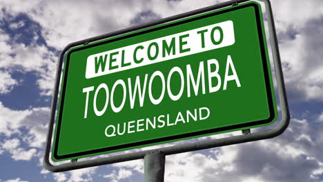 Welcome-to-Toowoomba,-Queensland,-Australia,-City-Road-Sign,-Realistic-Animation