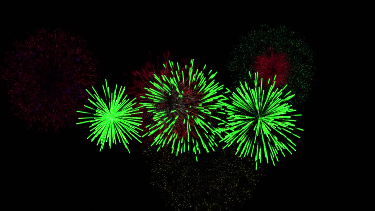 animación de coloridos fuegos artificiales de navidad y año nuevo que explotan en el cielo nocturno