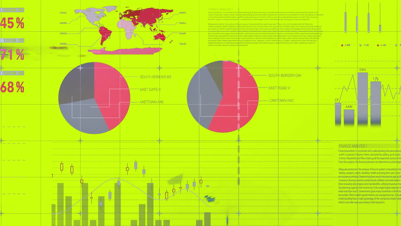 animación de flechas que caen hacia abajo, cambiando los datos financieros y los gráficos sobre fondo verde