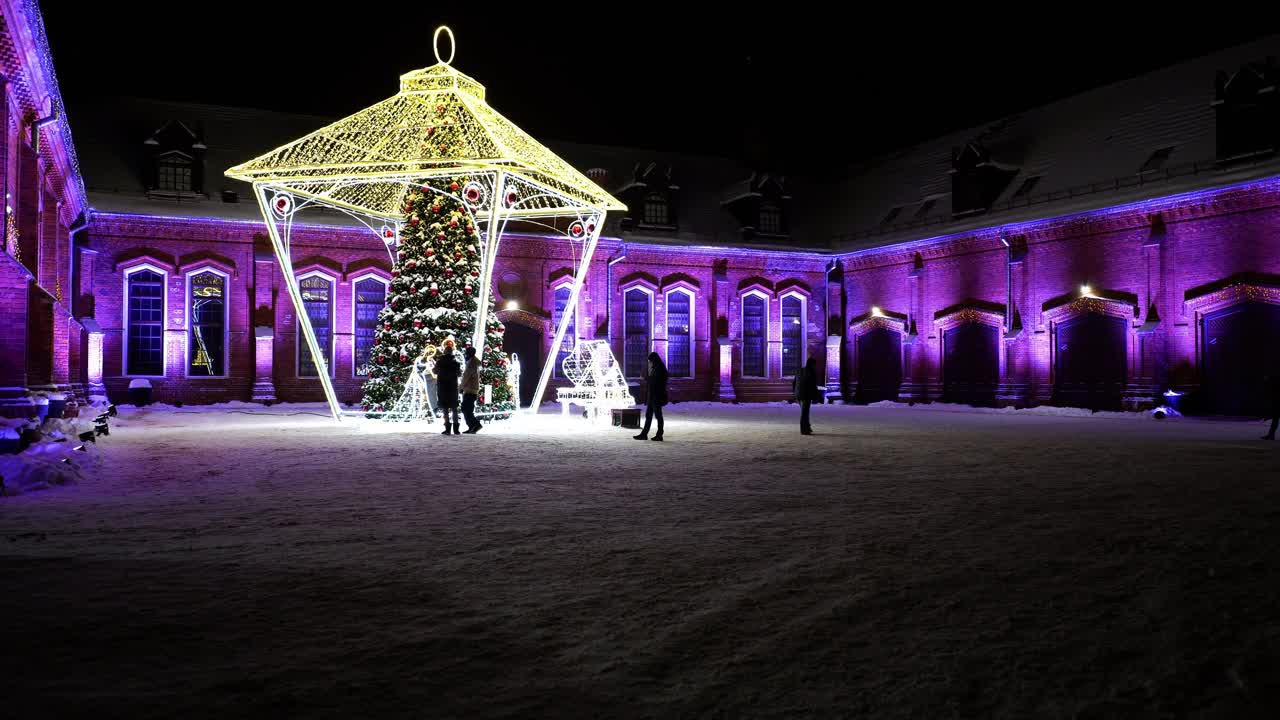 리투아니아 라우돈드바리스에서 밤에 눈으로 덮인 빨간 장난감 조명 크리스마스 트리로 장식된 샷
