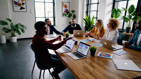 business professionals collaborating and presenting in a modern office environment