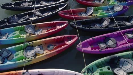 aerial top view of a group of canoes in lake