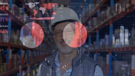 procesamiento de datos estadísticos contra el retrato del supervisor masculino senior sonriendo en el almacén