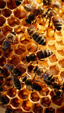 close-up video angle of bees on a honeycomb, showcasing intricate patterns and textures