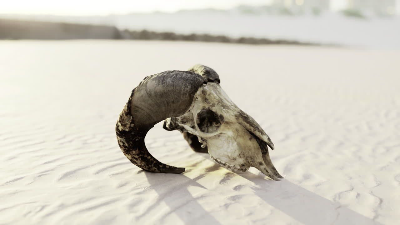 Unique ram skull resting on sandy beach at sunset revealing intricate details