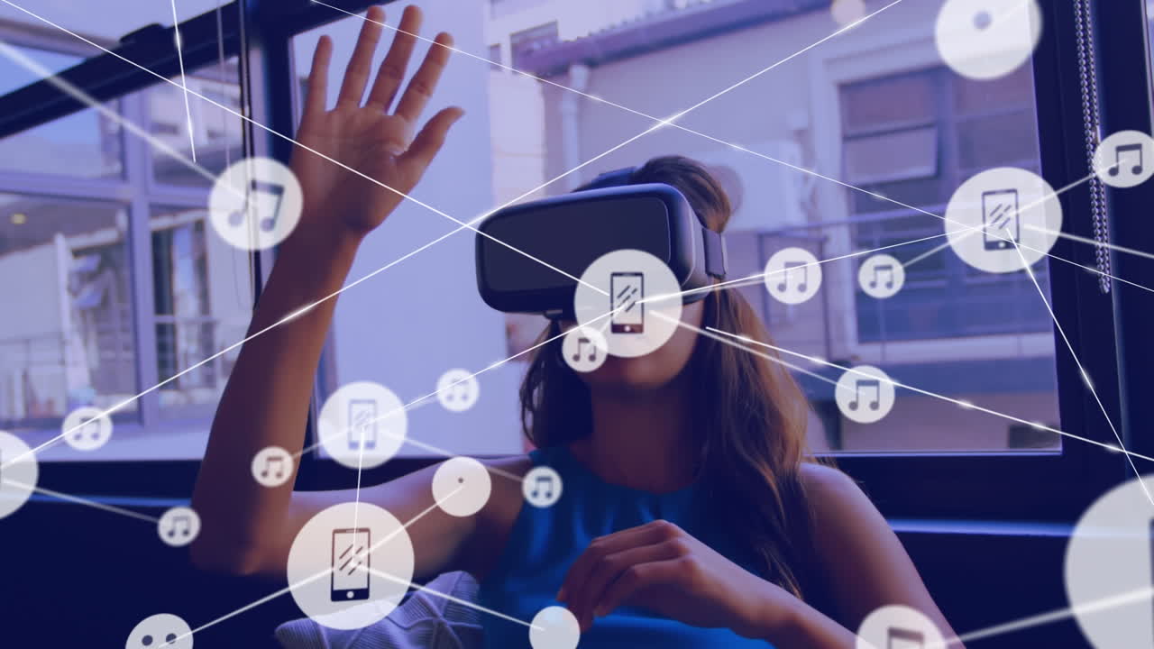 Animation of network of connections with icons over biracial businesswoman using vr headset