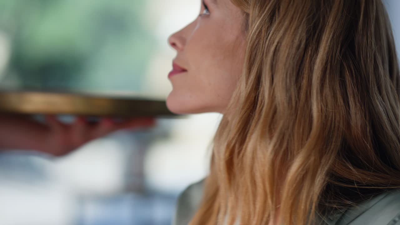 Portrait lady waiting waiter sitting cozy cafe with thoughtful expression