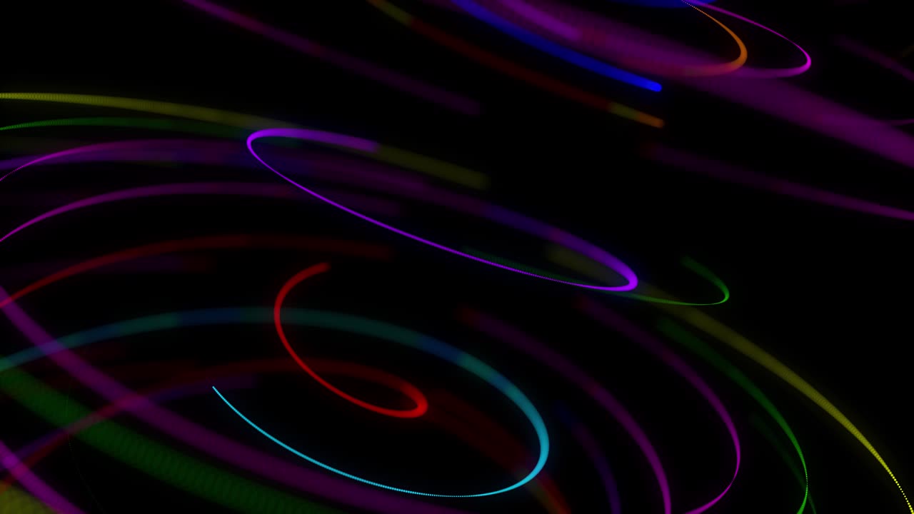 4k에서 세련된 창의적인 추상적인 배경: 회전하는 경로를 따라 회전하는 나선형으로 회전하는 색의 선; 모션 디자인: 선, 나선형 및 추상적인 구조를 형성하는 입자의 bg; 3d 렌더링