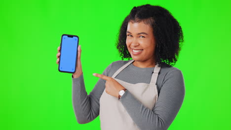 woman, happy and pointing at tablet