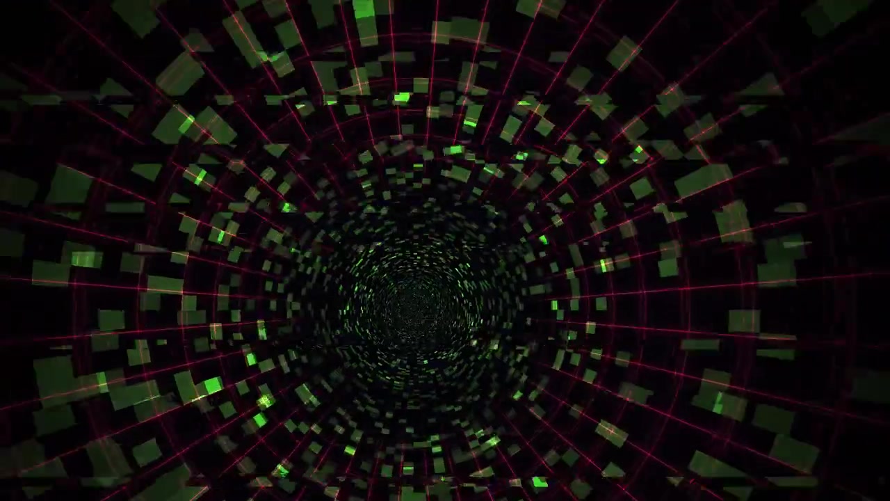 Flying Through a Futuristic Digital Grid Tunnel with Green Pixels