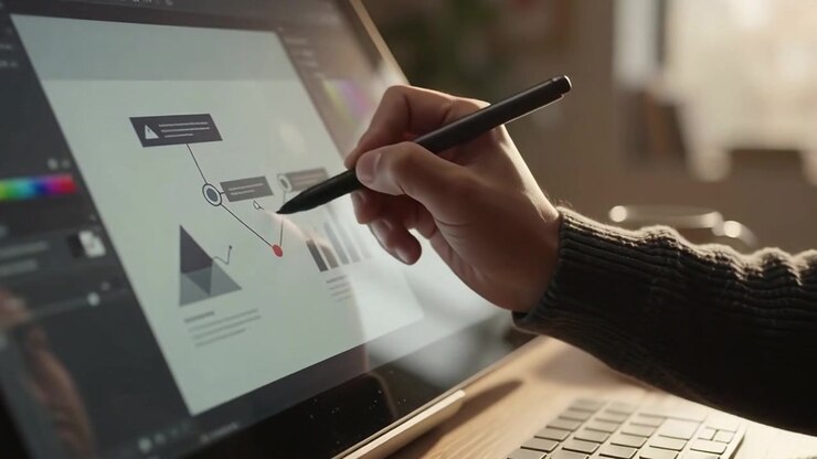 Designer Using Stylus and Dial on Touchscreen Monitor