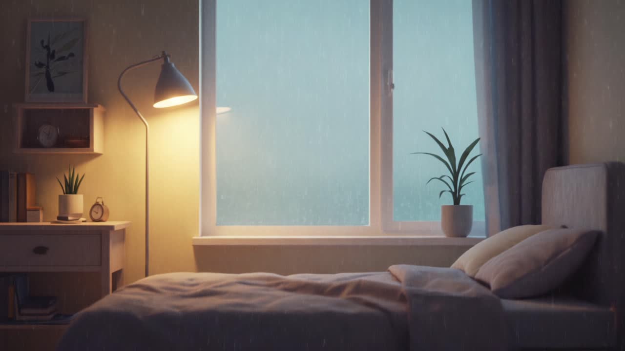 Cozy Bedroom Scene with Rainy Window: A Serene Atmosphere Created by Soft Lighting and Nature's Soundtrack of Raindrops