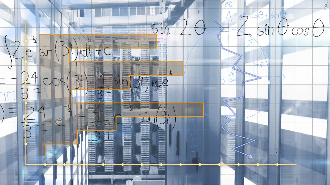 Animation of graphs, math formulas and lights over servers