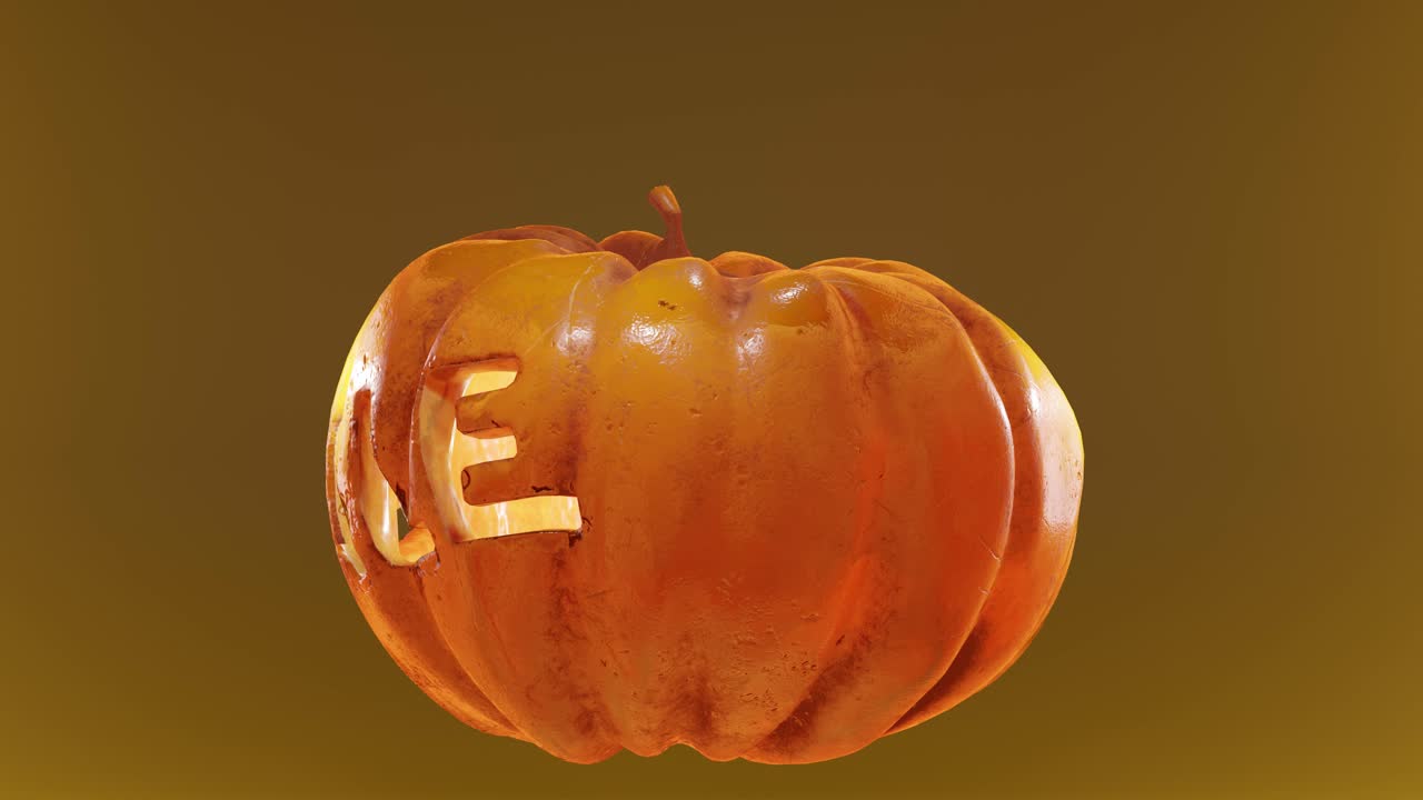 calabaza de halloween con texto de venta tallado e iluminado, girando en un bucle infinito en un fondo naranja y borroso, renderizado en 3d