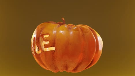 halloween pumpkin with carved and illuminated sale text, rotating in an infinite loop on a orange and blurry background, 3d render