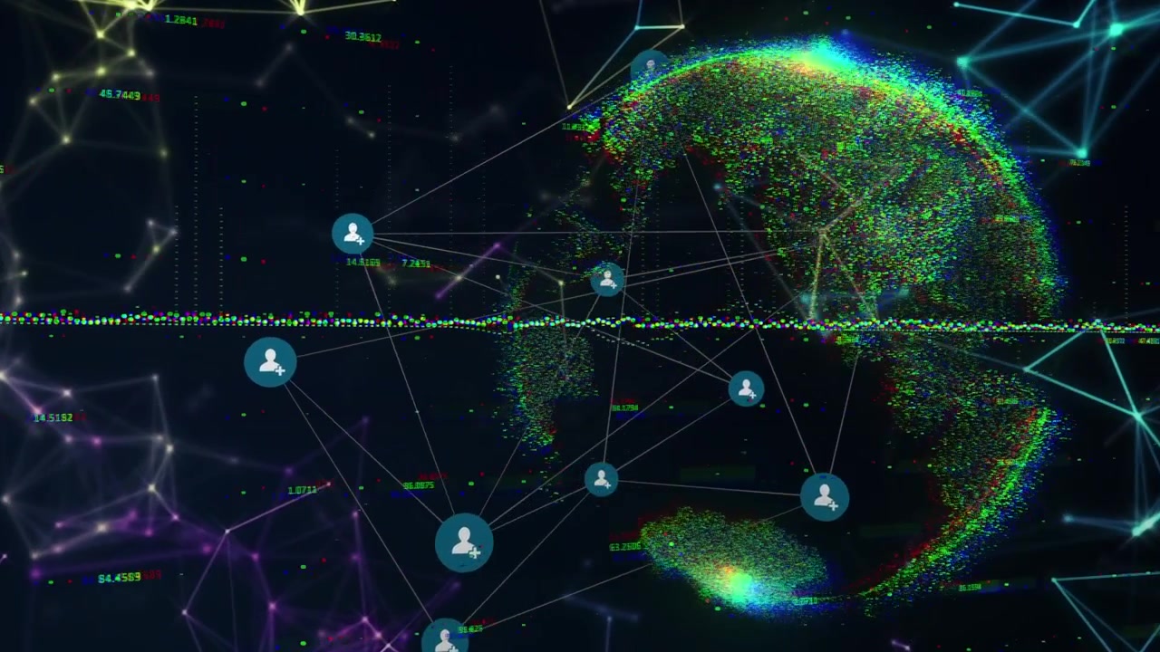 Animation af netværk af forbindelser over former og globus på sort baggrund