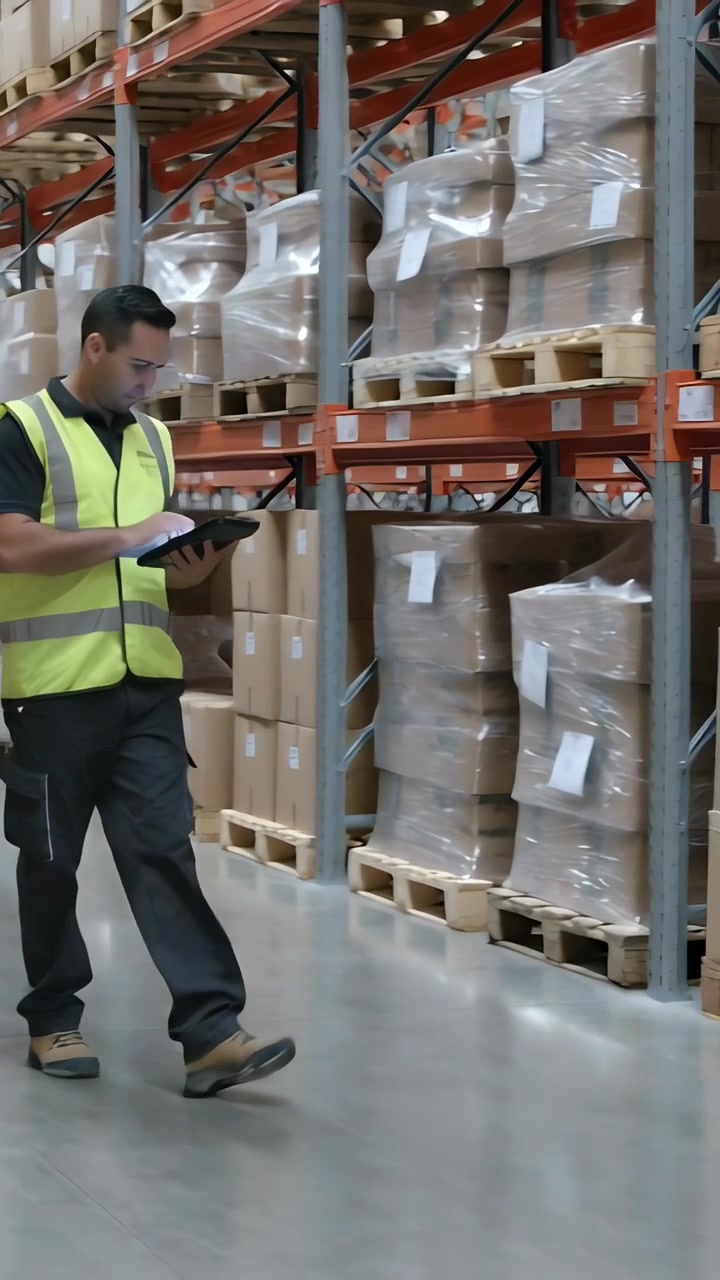 Video verticale: Lavoratore in alta visibilità che entra nel corridoio, usa un tablet, controlla scaffali ed etichette, con spazio per il testo