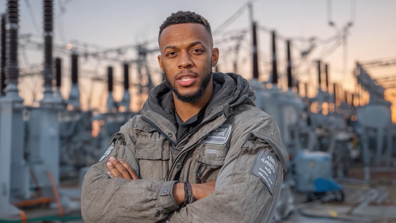 Confident Engineer in Heavy Gear Overseeing Electrical Equipment at an Industrial Facility During Sunset, Exuding Professionalism and Expertise in Energy Sector