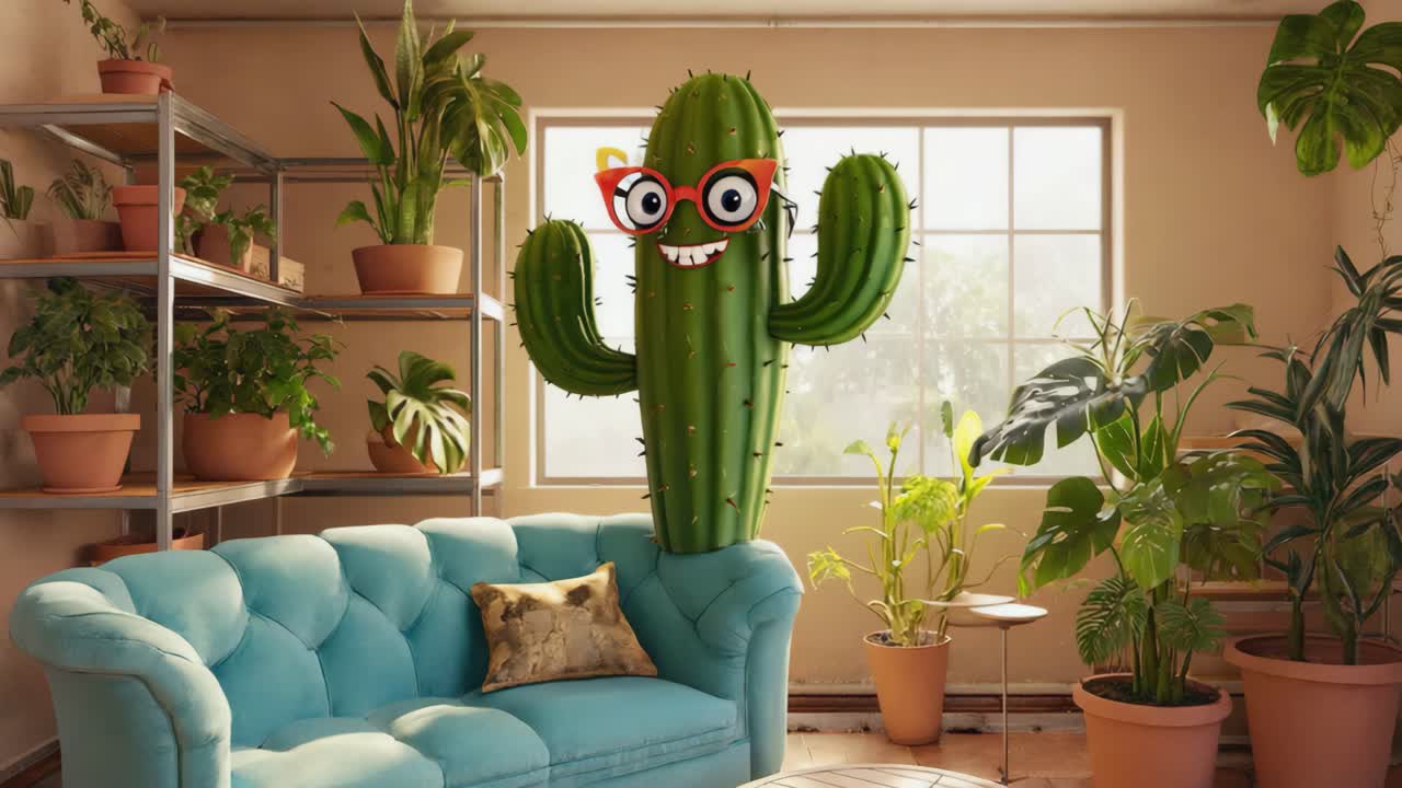 Cartoon cactus with sunglasses in a living room full of houseplants