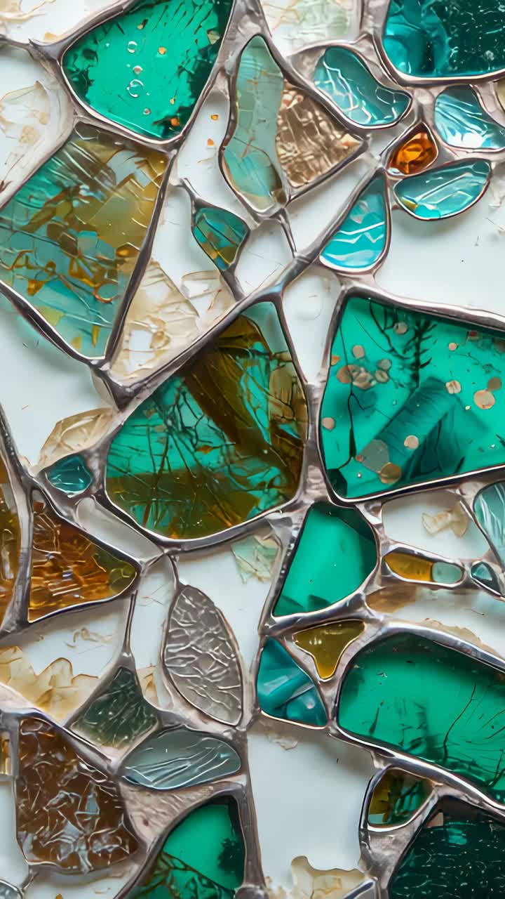 Vertical video: Panning camera revealing glass mosaic in studio, showing metal cames and gold leaf