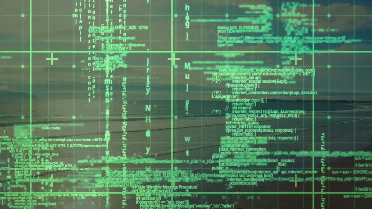 Green digital code and data processing animation over abstract background