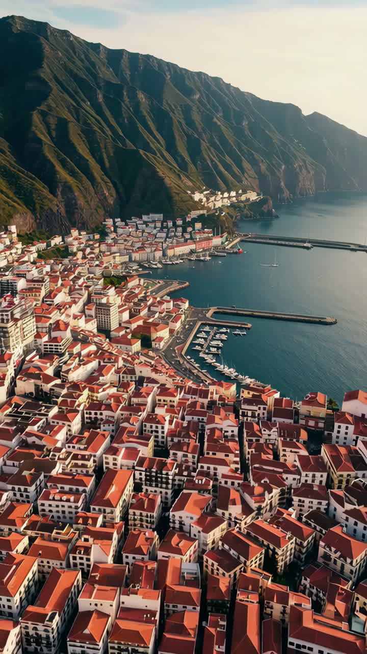 Aerial View of a Coastal Town with Red Roofs and Harbor Nestled Against Mountains