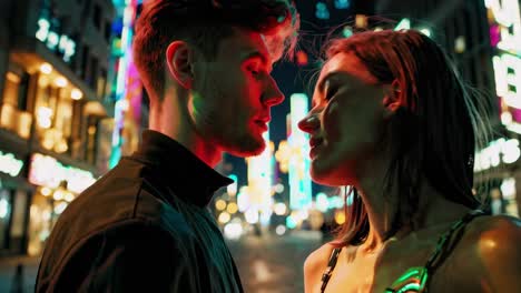 romantic young couple sharing tender kiss amid vibrant neon cityscape, illuminating nighttime urban landscape with passion and intimacy