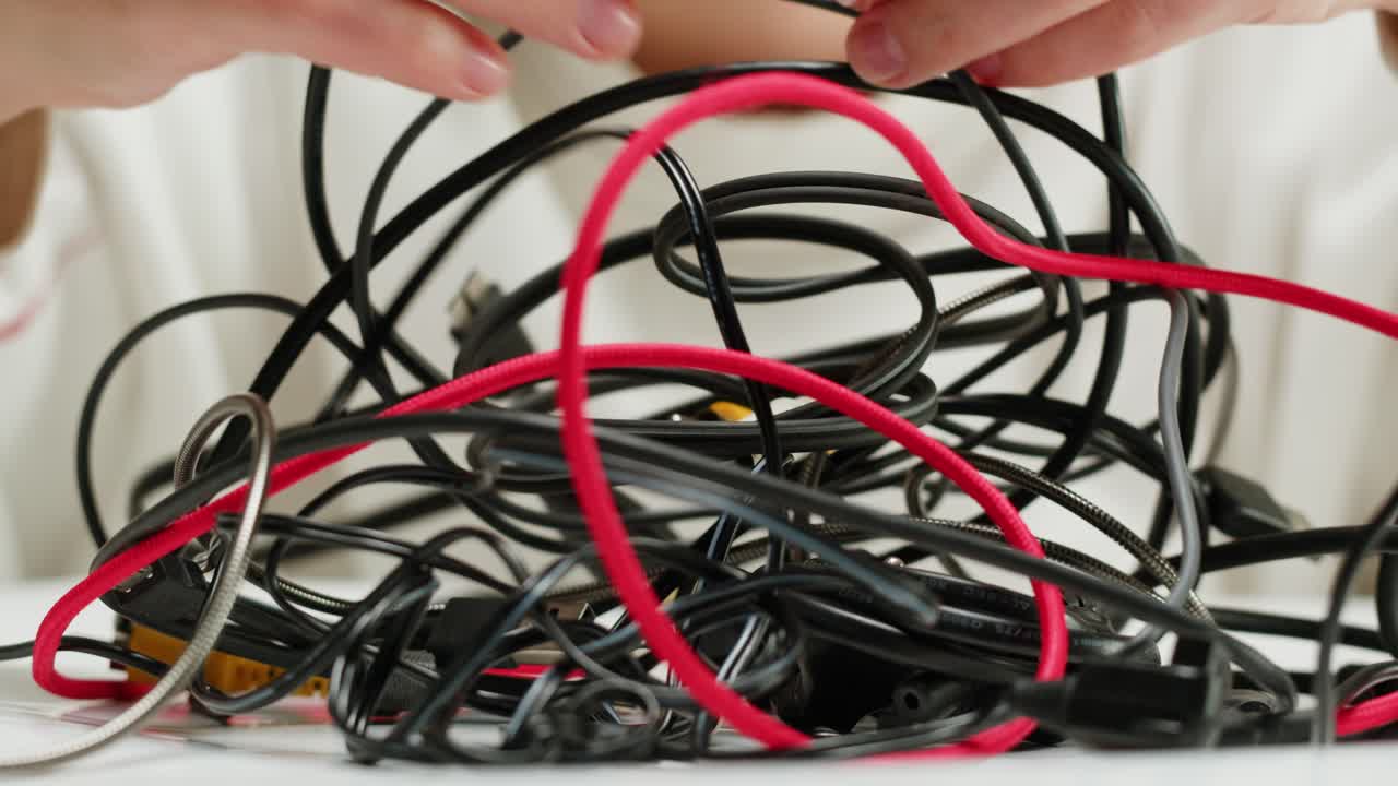 Young woman trying to untangle many various of wires close-up. Tangled wires and cables on table. Trying to untangle many messy and chaos cables
