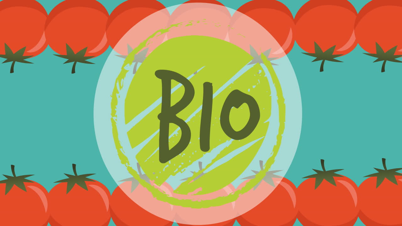Banner testuale 'Bio' con diverse icone di pomodoro e spazio per il testo su sfondo blu