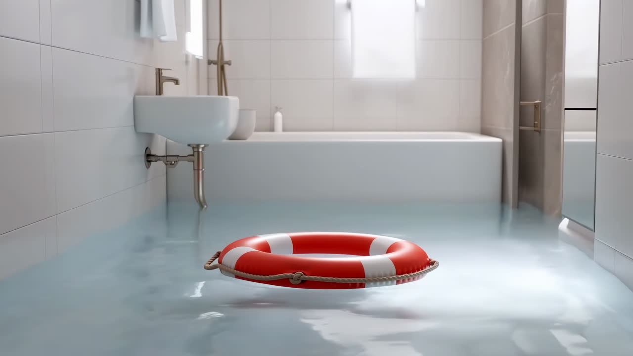 Flooded Bathroom With Lifebuoy Floating, Morning Light Through Window, Floor Covered In Water, Bathtub