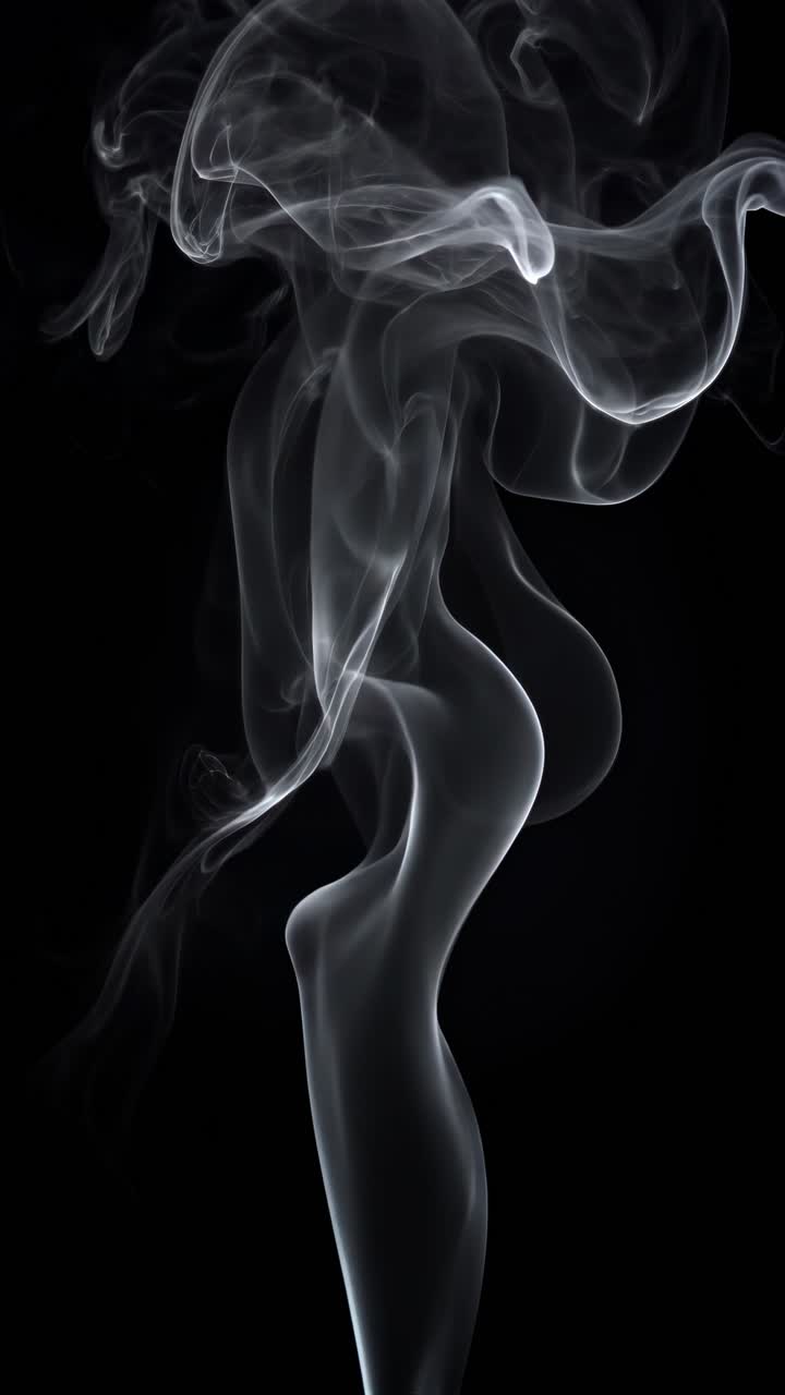 Volute eteree di fumo bianco su sfondo nero, riprese dal basso