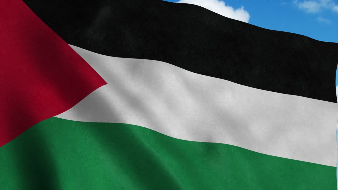 Palestine flag waving in the wind, blue sky background. 4K