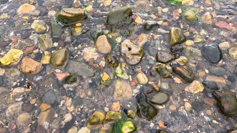 waves gently wash over colorful beach rocks