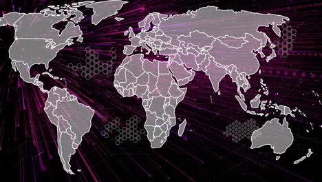 animation of world map over light trails on black background