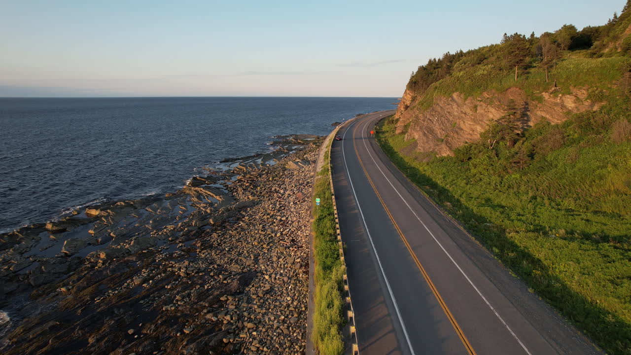 Aerial approach of coastal highway in Gasp&eacute;sie Qu&eacute;bec
