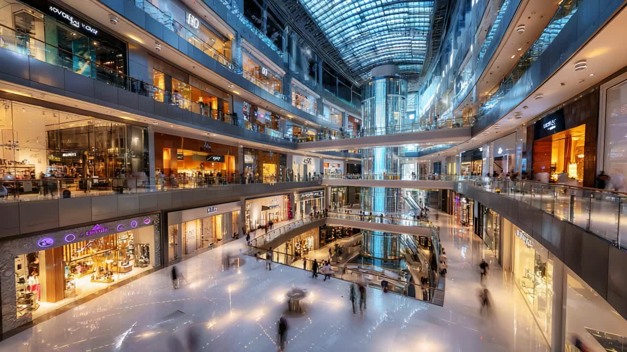 A Stunning View of a Modern Shopping Mall Interior with Multiple Levels, Glass Ceilings, and Elegant Storefronts, Showcasing a Vibrant Shopping Experience