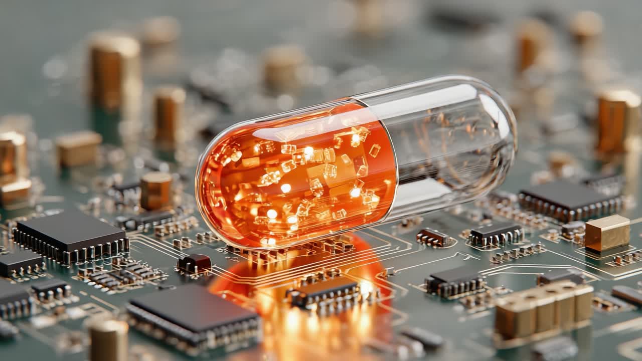 A Unique Fusion of Technology and Medicine: A Glowing Capsule Resting on a Circuit Board Showcasing the Intersection of Digital Innovation and Healthcare Solutions