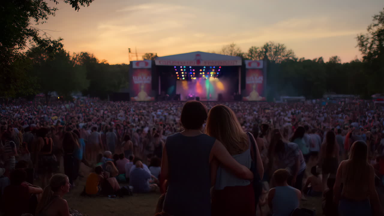 Couple enjoying an outdoor music concert at sunset