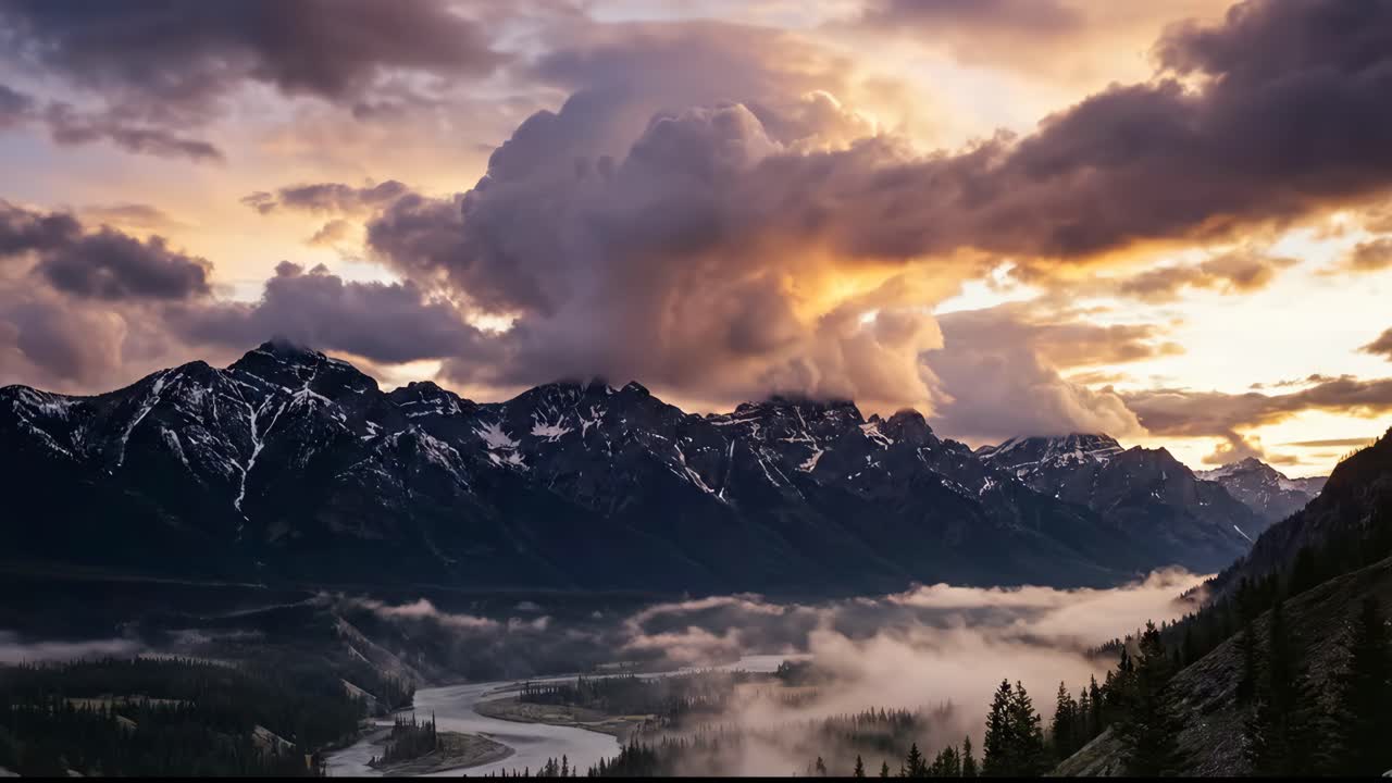Majestic Mountain Range with Golden Hour Clouds and Misty Valley