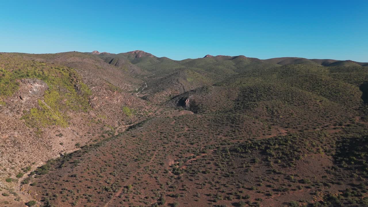 Aerial shot of the Klein Karoo mountain range on a sunny day with clear skies, Western Cape, South Africa. The drone captures the vibrant fynbos plants covering the rugged landscape in full sunlight