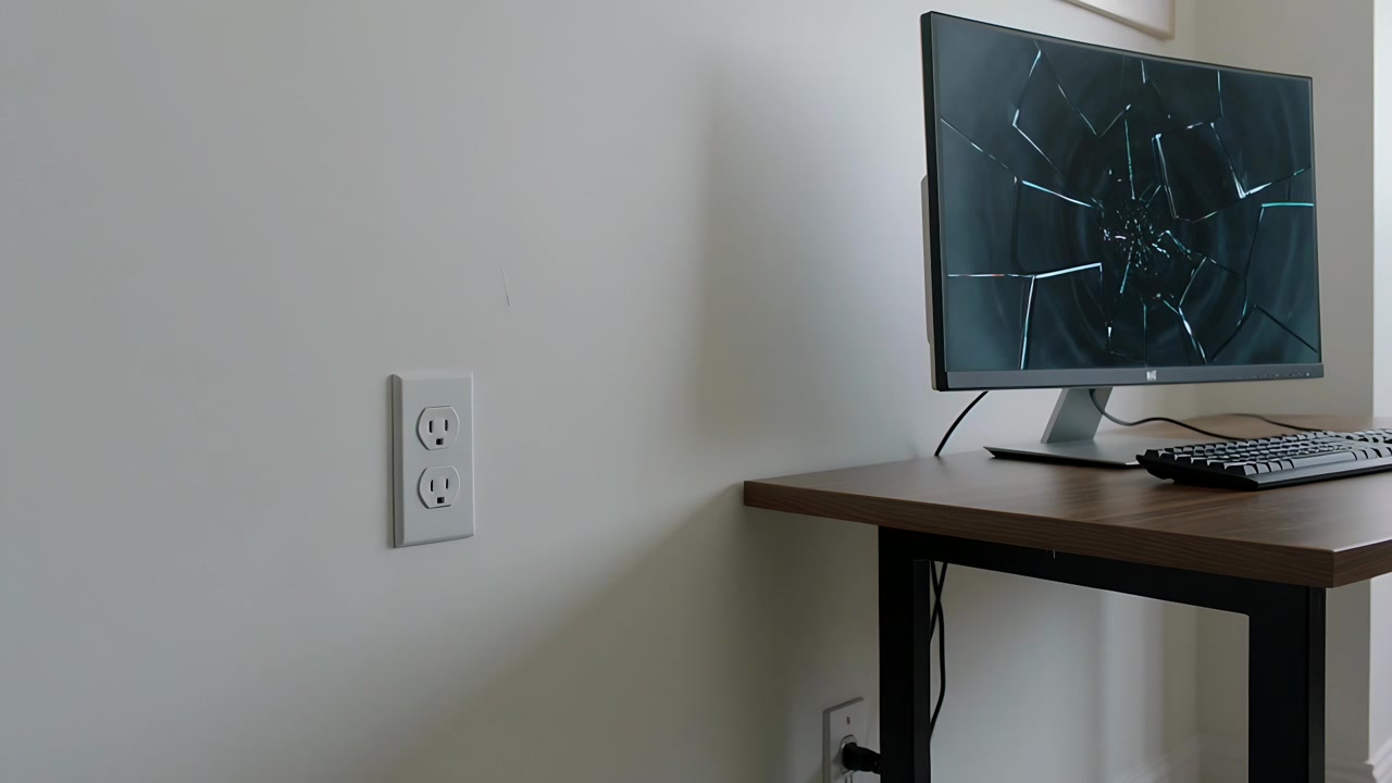 Displaying cracked screen at desk, hand moving plug to floor outlet for power, copy space