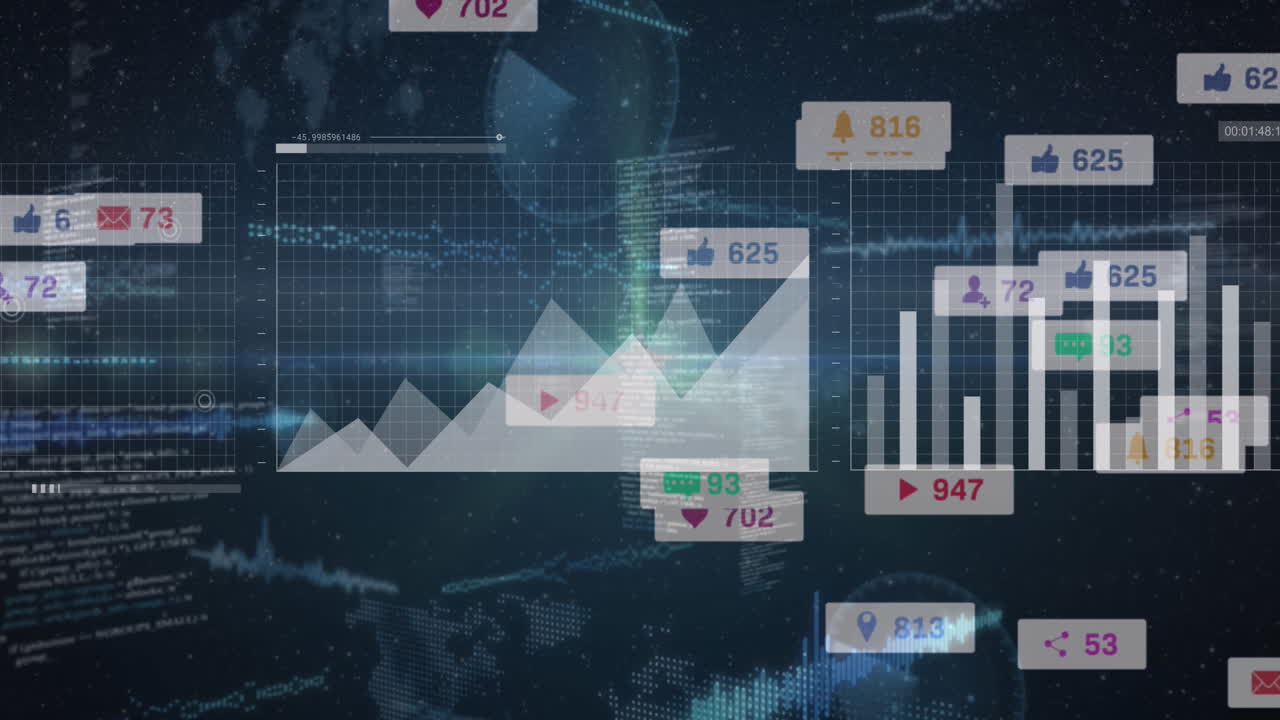 Animation of icons with growing numbers over data processing and light trails