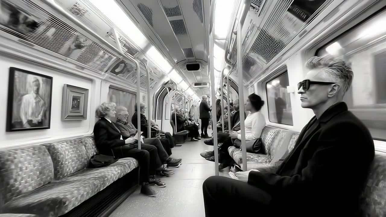 A Captivating Subway Journey: Exploring the Dynamic Atmosphere of Commuters in a Black-and-White Urban Scene, Highlighting Individual Experiences on Public Transport
