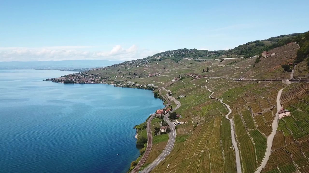 Droneoptagelse ved Puidoux og Genèvesøen (Lac Léman, Genfersee), Vaud, Schweiz