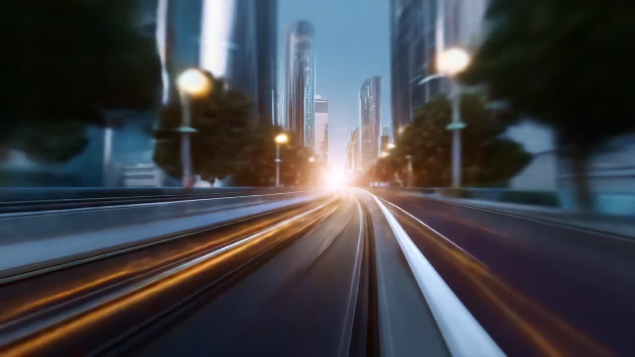 Motion blur di un paesaggio urbano illuminato: un viaggio dinamico attraverso le strade urbane con luci scintillanti e un orizzonte radioso, che cattura l'essenza della vita moderna