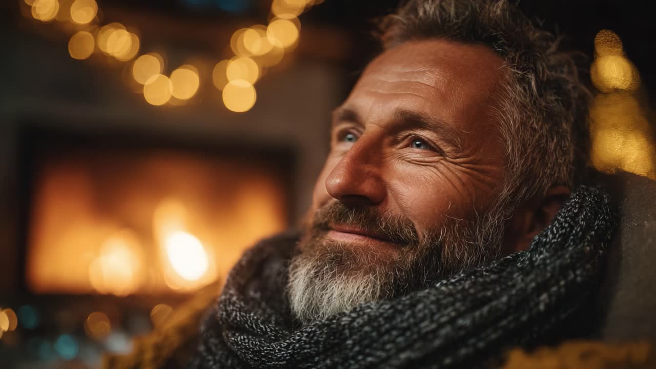 A Warm Embrace of Cozy Evenings: Capturing the Serenity of a Man's Joyful Reflection by a Flickering Fireplace in a Gentle Glow of Festive Lights